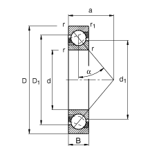 角接觸球軸承 7208-B-JP, 根據 DIN 628-1 標準的主要尺寸，接觸角 α = 40°