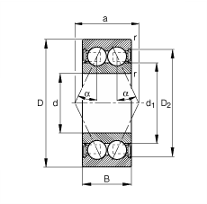 角接觸球軸承 3809-B-2RSR-TVH, 雙列，雙側唇密封，接觸角 α = 25°